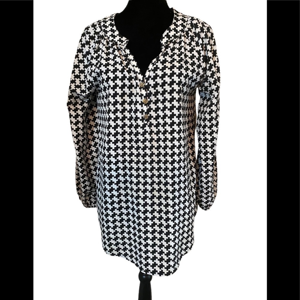 Mud Pie Womens Black White Geometric Print Button Neck Tunic‎ Top Small 4-6